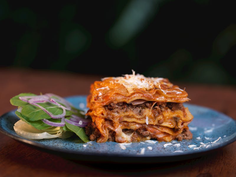 Baked Lasagna Bolognese with layers of pasta and meat